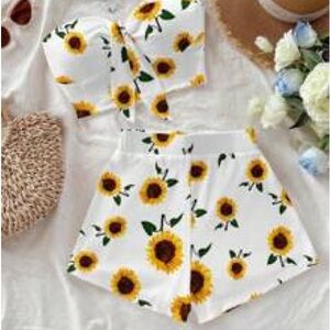 SHEIN White High-Waist Sunflower Print Shorts and tube top